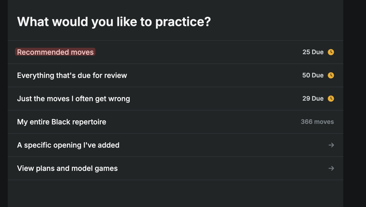 Recommended moves practice option